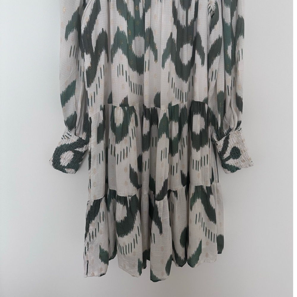 Oliphant Smocked Neck Mini Dress in Chitka Forest Green Cream Balloon Sleeve - Picture 10 of 12